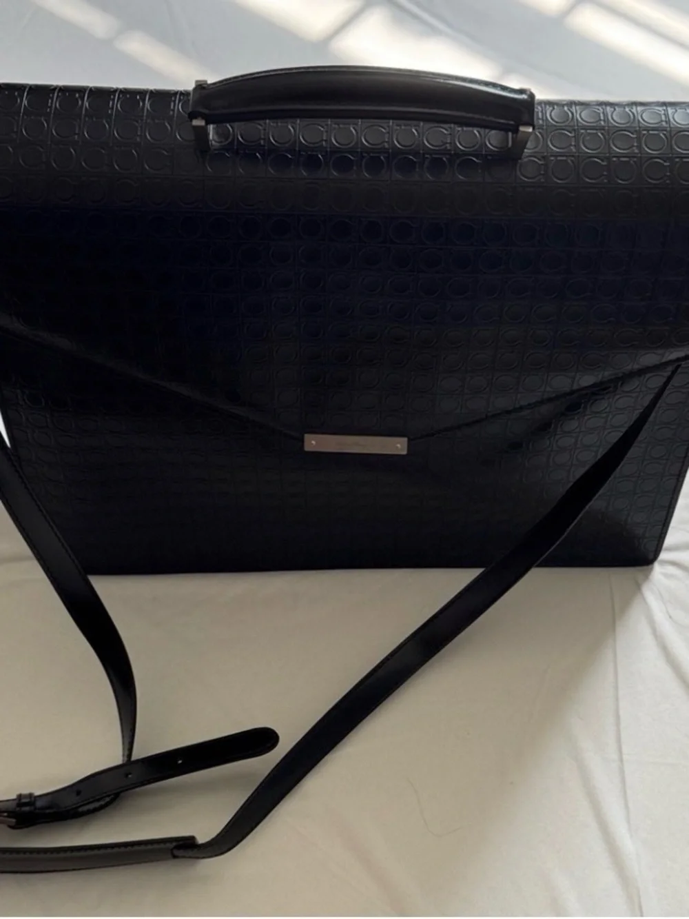 Authentic Ferragamo Black Embossed Briefcase Shoulder